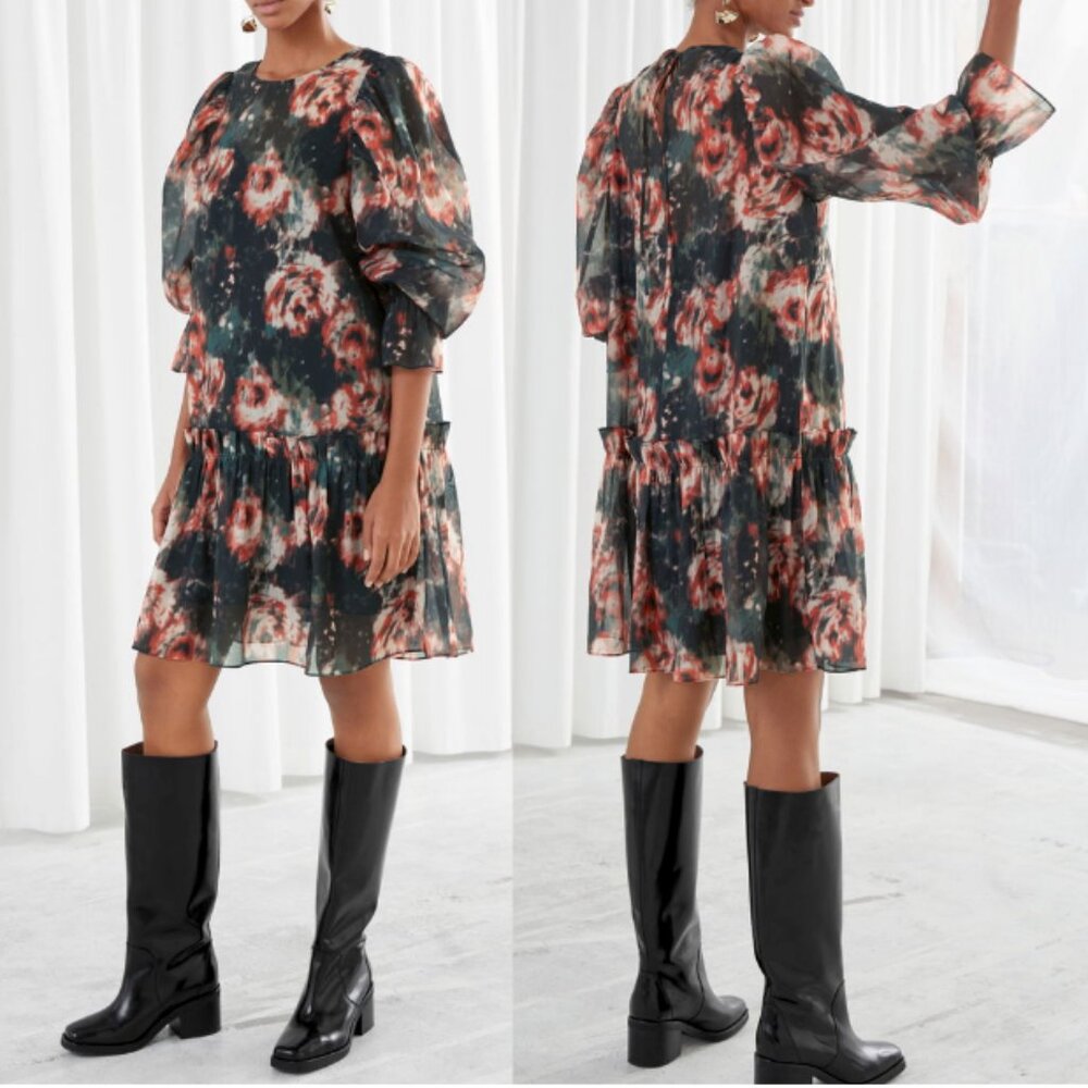 & OTHER STORIES Rose Watercolour Mini Semi-Sheer Ruffle Dress Size US 2